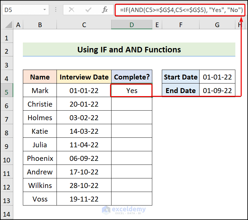 Combining IF and AND Functions to Return Value Between Two Dates