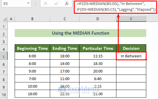 Use the MEDIAN Function Inside the IF Function to Check If Time Is Between Two Given Times in Excel