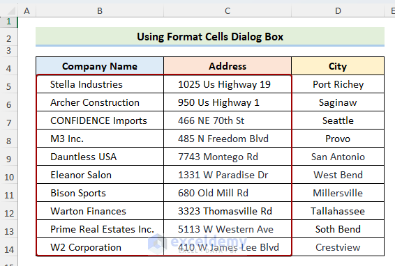 Indented using Format Cells dialog box.