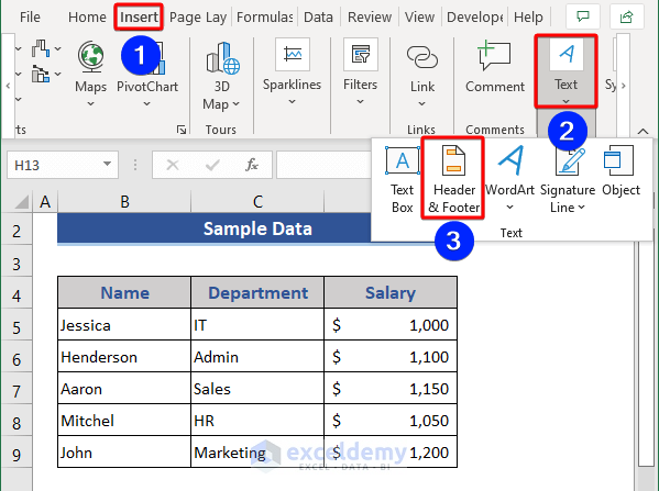 Add Footer from Insert Tab in Excel