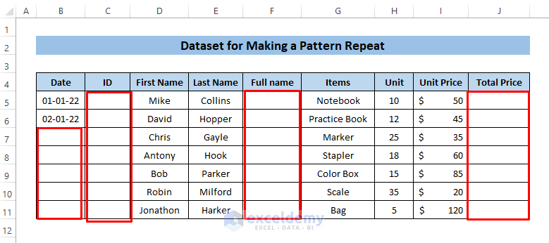 Dataset for Making a Pattern Repeat in Excel