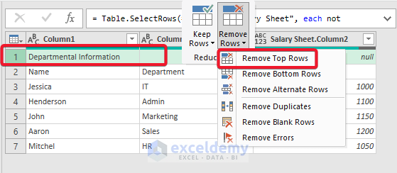 Remove top rows from Excel power query