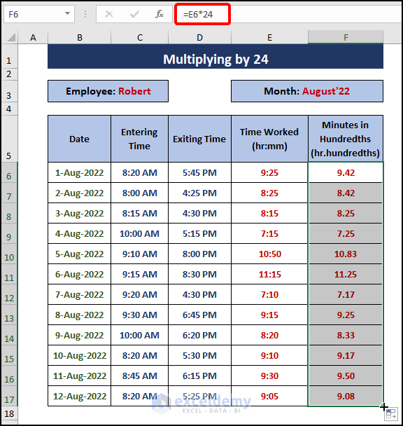 Multiplying by 24 to Convert Minutes to Hundredths in Excel