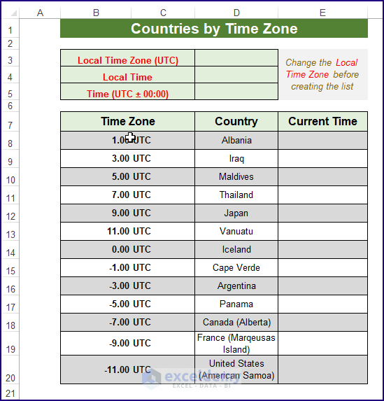 Practice Sheet-List of Countries by Time Zone Excel