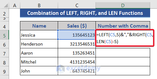 Formula to Add Comma After 5 Digits with the Combination of LEFT, RIGHT, and LEN Functions