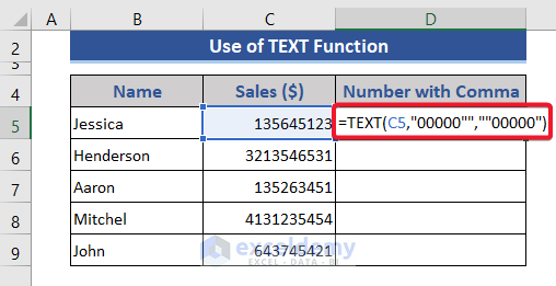 Formula of Excel TEXT Function to Put Comma