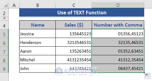 Result after applying TEXT function to put comma in Excel