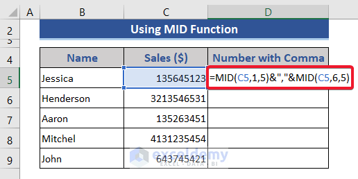 Formula of MID Function to Put Comma After 5 Digits