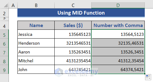 Pull the fill handle icon to expand the effect of the MID function