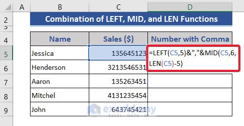 Formula to Put Comma after 5 digits Using the Combination of LEFT, MID, and LEN Functions
