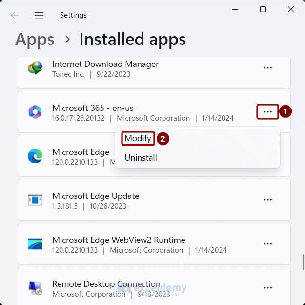 Modify Microsoft 365 application