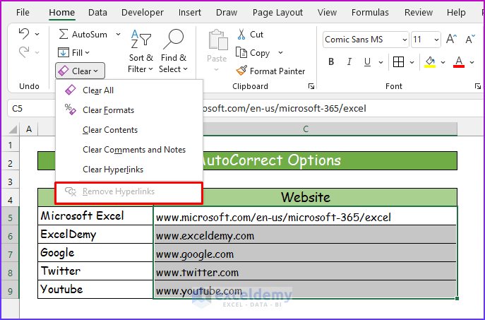 Using AutoCorrect Options as Solution of Removing Hyperlink Not Showing in Excel
