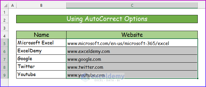 Showing Final Result for Using AutoCorrect Options as Solution of Removing Hyperlink Not Showing in Excel