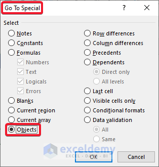 Enter Go To Special section of Excel