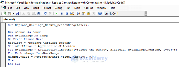 Embed Excel VBA Code to Replace Carriage Return with Comma