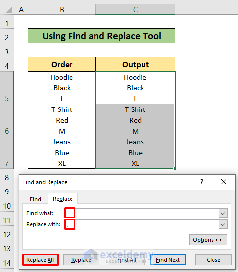 Applying Find and Replace Tool to Replace Carriage Return with Comma