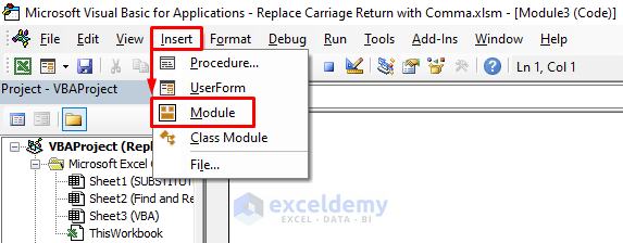 Embed Excel VBA to Replace Carriage Return with Comma