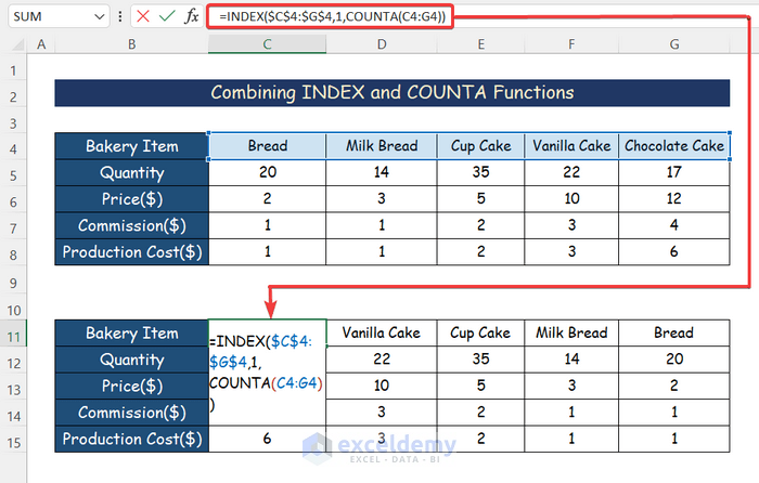 INDEX and COUNTA function to reverse rows in Excel