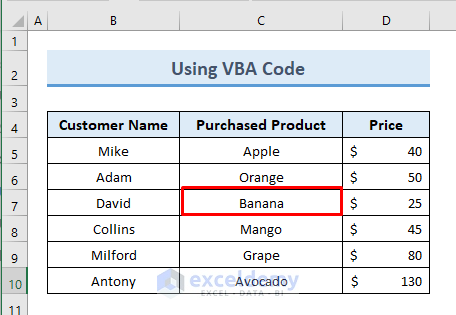 Dataset for VBA Code to get row number from cell value in Excel