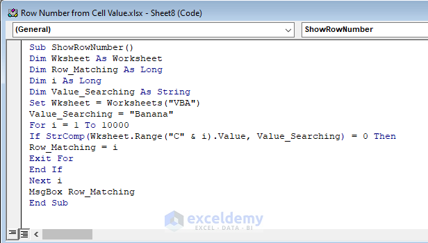 VBA Code to get Row number from cell value in Excel