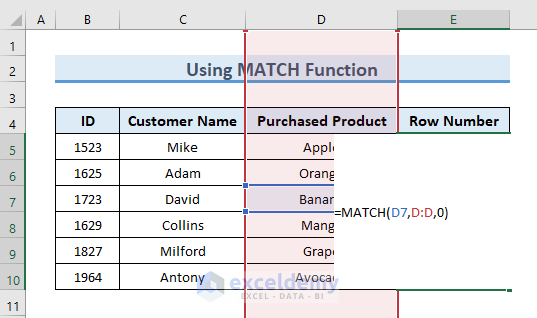 MATCH function to get the row number from cell value in Excel