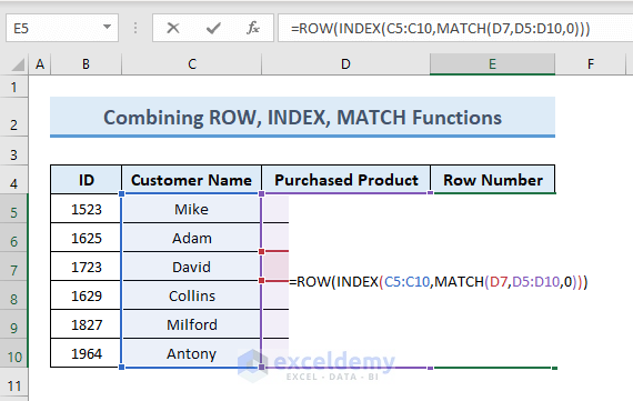 ROW, INDEX, MATCH functions to get Row number from cell value in Excel