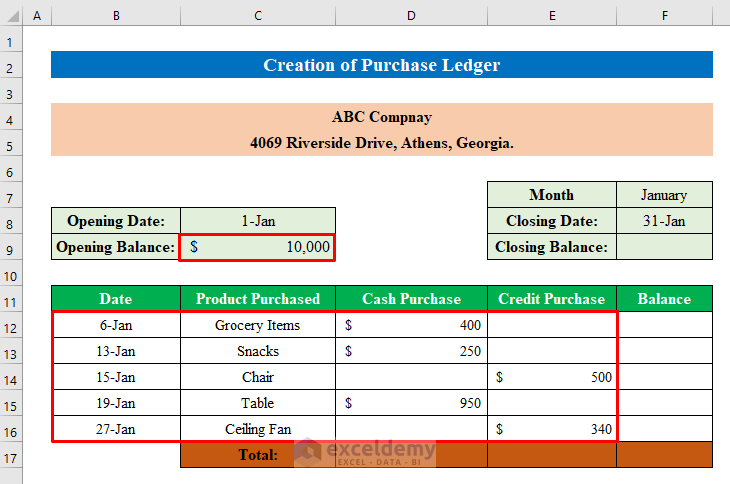 Calculate Total Ledger Amount Using Formula in Excel