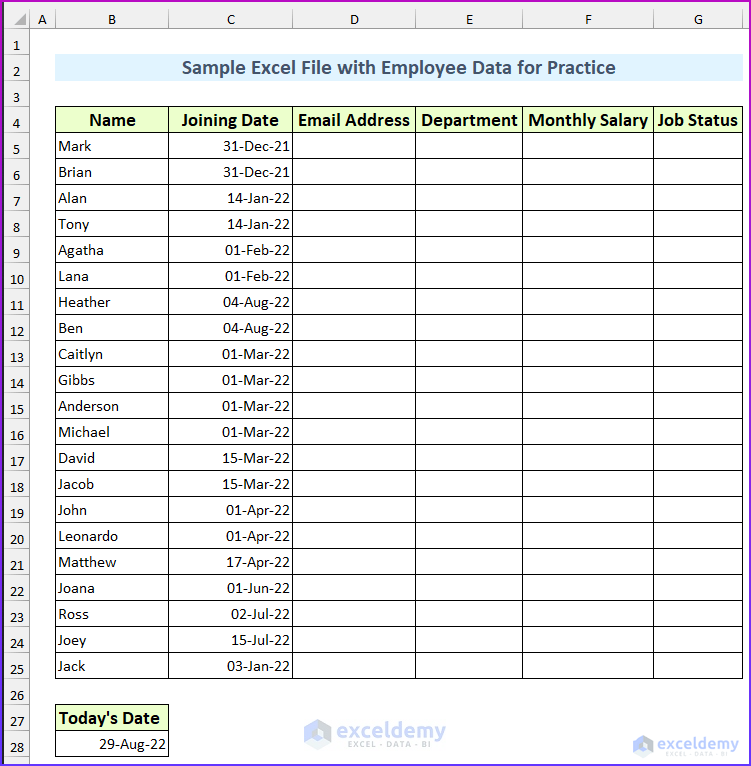 Problem Sheet for Sample Excel File with Employee Data for Practice