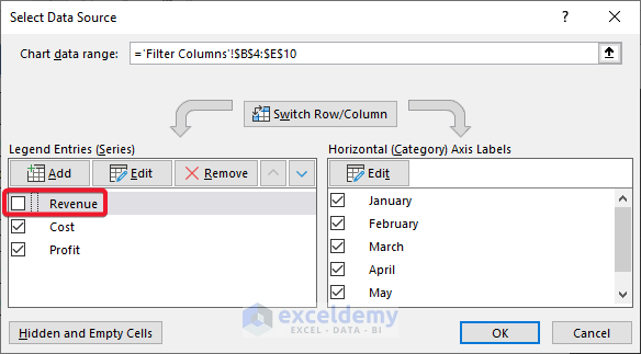 Remove unnecessary options from the data source of Excel graph