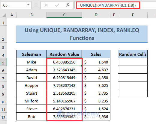 UNIQUE,RANDARRAY to select Random Cells in Excel