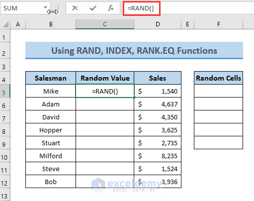 RAND Function to Select Random Cells in Excel