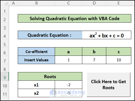 Solve Quadratic Equation in Excel VBA