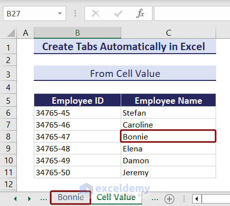 Tab created containing name in the specified cell value