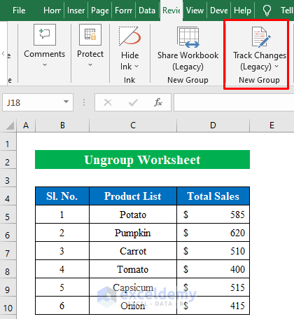 Ungroup Worksheet to Activate Track Changes Option