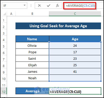 Using Goal Seek for Average Age to Show What-If Analysis Example