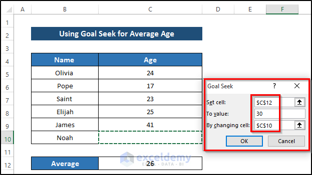 Utilizing Goal Seek for Average Age to Show What-If Analysis Example