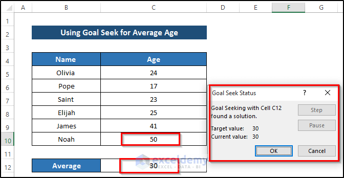 Applying Goal Seek for Average Age to Create What-If Analysis Example