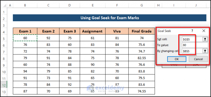 Applying Goal Seek for Exam Marks to Express What-If Analysis Example
