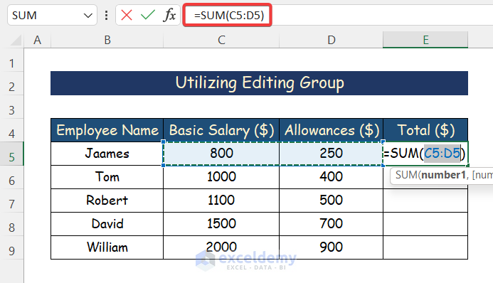 AutoSum by Utilizing Editing Group