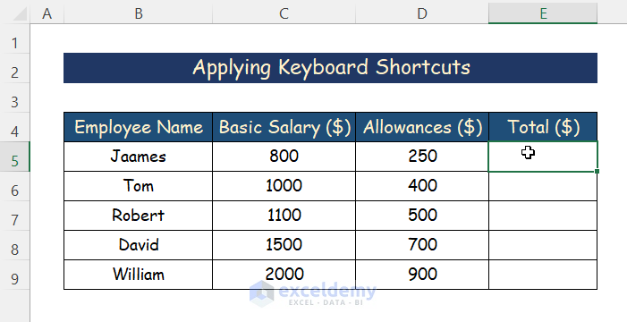 AutoSum by Applying Keyboard Shortcuts