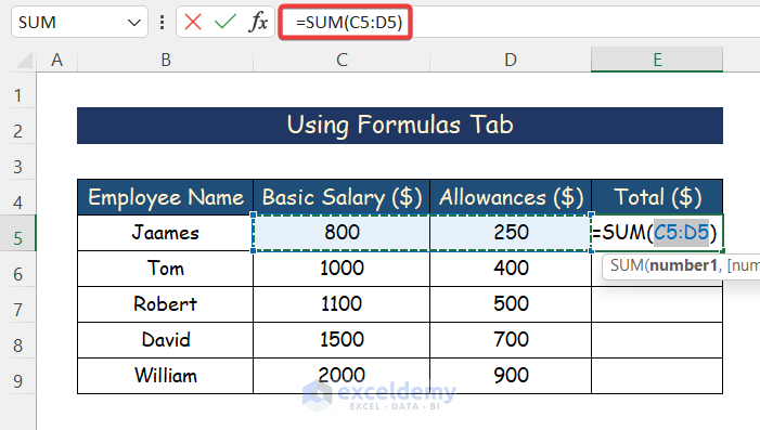 How to Use AutoSum in Excel Through Formulas Tab