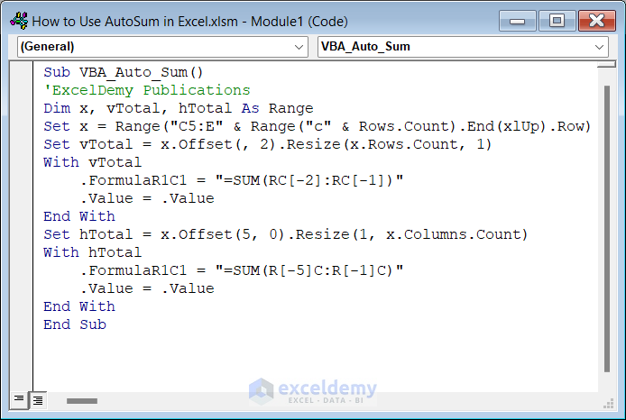 VBA Code to Use AutoSum in Excel