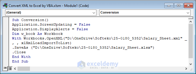 Apply VBA Code to convert from XML to Excel