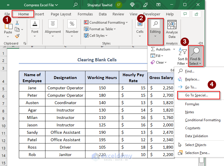 compress excel file more than 100mb, clearing blank cells