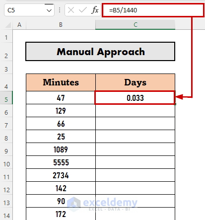 Manually convert minutes to days in excel