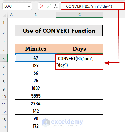 CONVERT function to convert minutes to days in excel