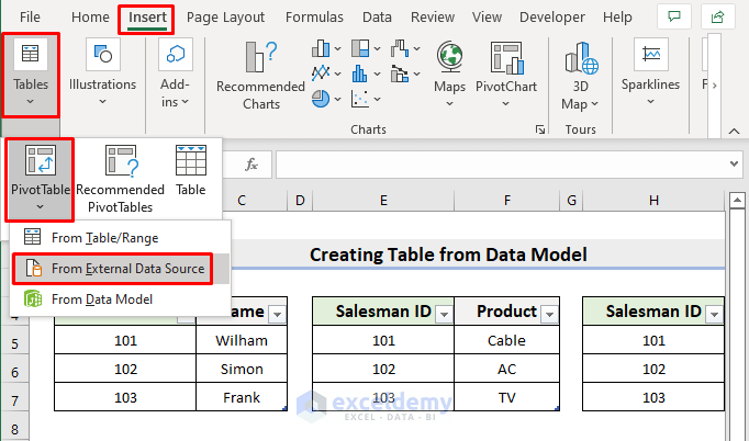 create table from data model excel