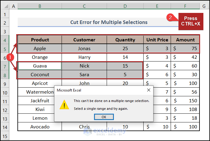 Cut Error for Multiple Selection