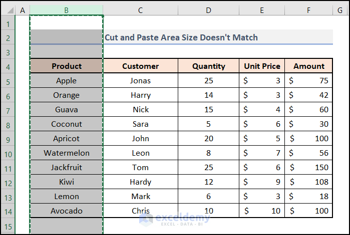 Cut and Paste Area Size Doesn't Match in Excel