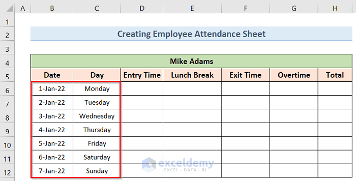 Step-by-Step Procedures to Create Employee Attendance Sheet with Time in Excel
